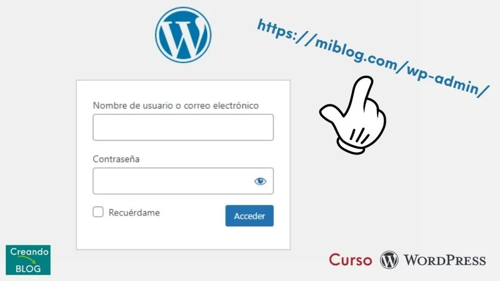 Imagen de pantalla para hacer login en WordPress Imagen con pantallazo de cómo es el acceso, o login, a tu escritorio de WordPress para poder editar tu blog o web. Publicada en artículo de Abraham Velázquez a modo de tutorial WordPress.