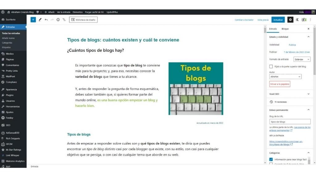 Ejemplo de cómo se ve un blog en el escritorio de WordPress. En concreto de esta misma web de Creando Blog.