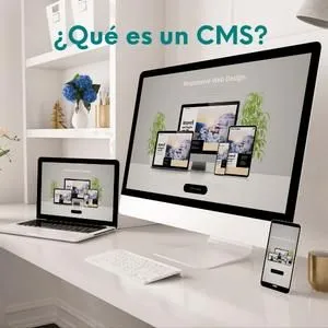 ¿Qué es un hosting y para qué sirve? ¿Dónde se hospeda una pagina web? 14 Imagen con dos pantallas y un portátil con la pregunta impresa: ¿Qué es un CMS?