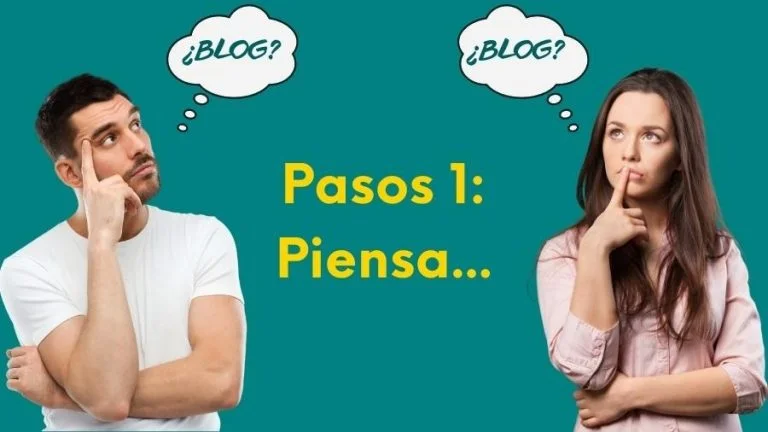 Primer paso: Piensa antes de crear un blog 5 Imagen de una mujer y un hombre pensativos con una viñeta que pone "blog" y un texto central que pone: Pao 1: Piensa...