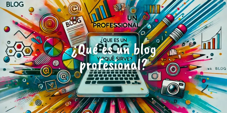 Ilustración colorida de un portátil con iconos de blogging alrededor y el texto "¿Qué es un blog profesional y para qué sirve?"